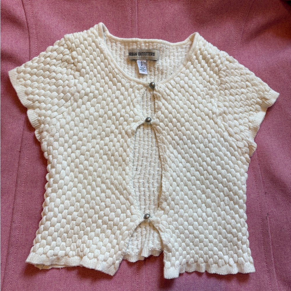 Urban Outfitters Cream Textured Knit Short-Sleeve Cardigan